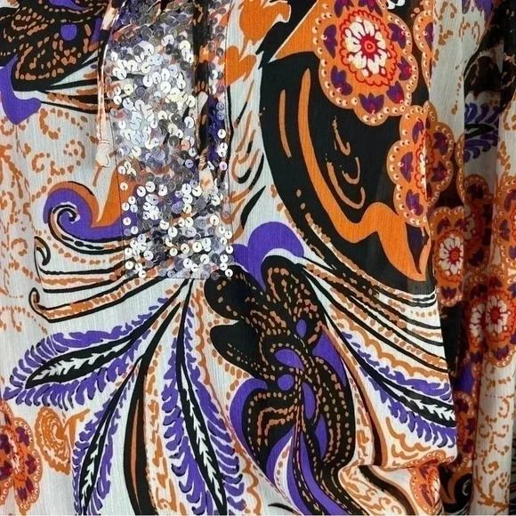 Sunny Leigh Women’s Boho Floral Paisley Blouse Top Orange Sequin Size Medium - Picture 8 of 11